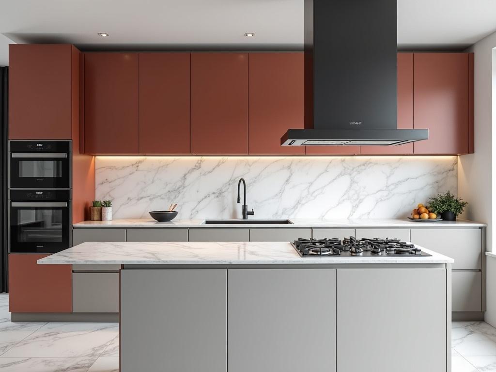 The kitchen features cabinetry in a darker rust shade and light grey accents. The cabinets are sleek and modern, without any windows or curtains in the scene. A white marble countertop adds elegance, complemented by a matching white marble backsplash. An electric chimney is visible above the stove, enhancing the contemporary look. The overall design is minimalistic yet stylish, perfect for a modern home.