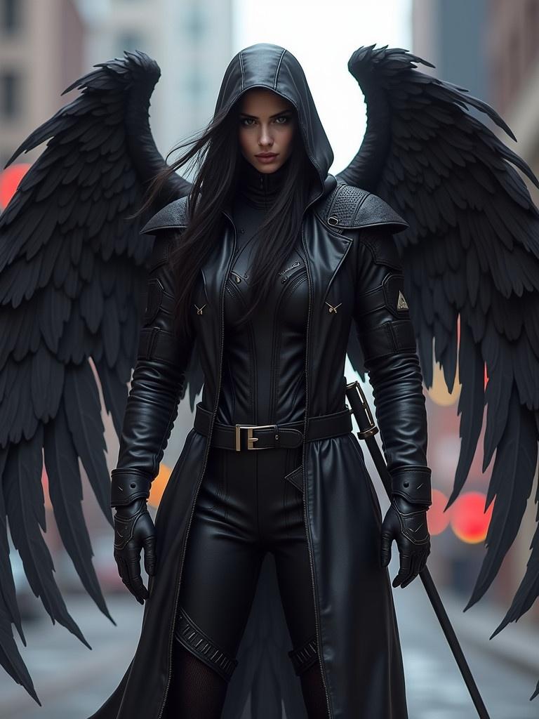 A character wearing a black angel outfit with large wings stands confidently in an urban setting. The attire is sleek and stylish, with a focus on dark colors. The scene has a moody atmosphere enhanced by urban lighting.