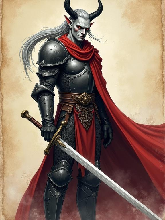 Tall muscular male tiefling paladin with ash-gray skin and glowing amber eyes. Long silver hair tied in a high ponytail. Black curved horns, scars on sharp cheekbones. Matte plate armor with infernal etchings. Flowing crimson cloak. Duelist stance with a longsword in hand. Hand-drawn textures and shading. Parchment background for a storybook look.