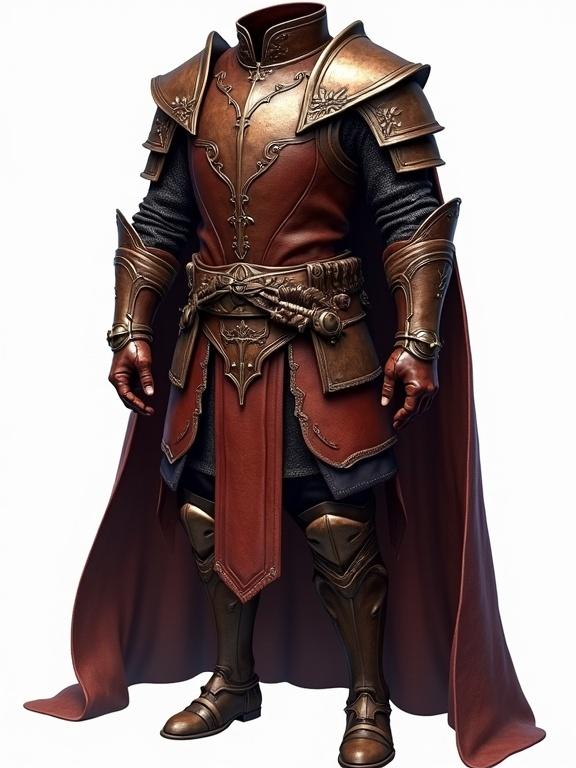 A detailed character wearing intricate leather body armor with a cape. Designed for an ARPG game asset. Transparent background suitable for showcasing assets.