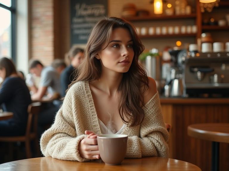 A warm inviting coffee shop has soft golden lighting and exposed brick walls. Large windows filter in gentle daylight. A woman with rich brown hair sits at a small wooden table cradling a steaming mug. She has warm brown eyes and a faint smile. An oversized cream knitted sweater drapes off one shoulder revealing a delicate collarbone. The scene includes blurred patrons chatting and a barista steaming milk. It feels intimate with a focus on the mug and woman. Style is photorealistic and cinematic with an emphasis on warm tones.