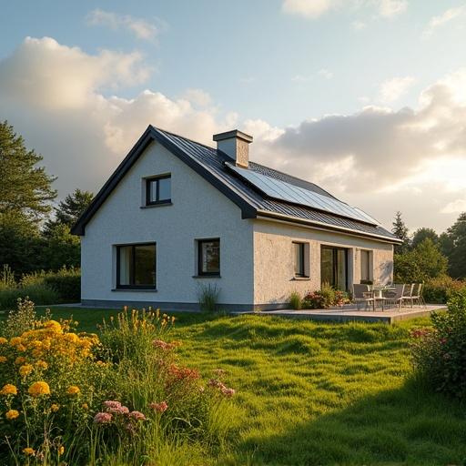 Summer scene of a house with solar panels in Ireland. Lush green garden with colorful flowers. Cloudy sky with sunlight illuminating the scene.