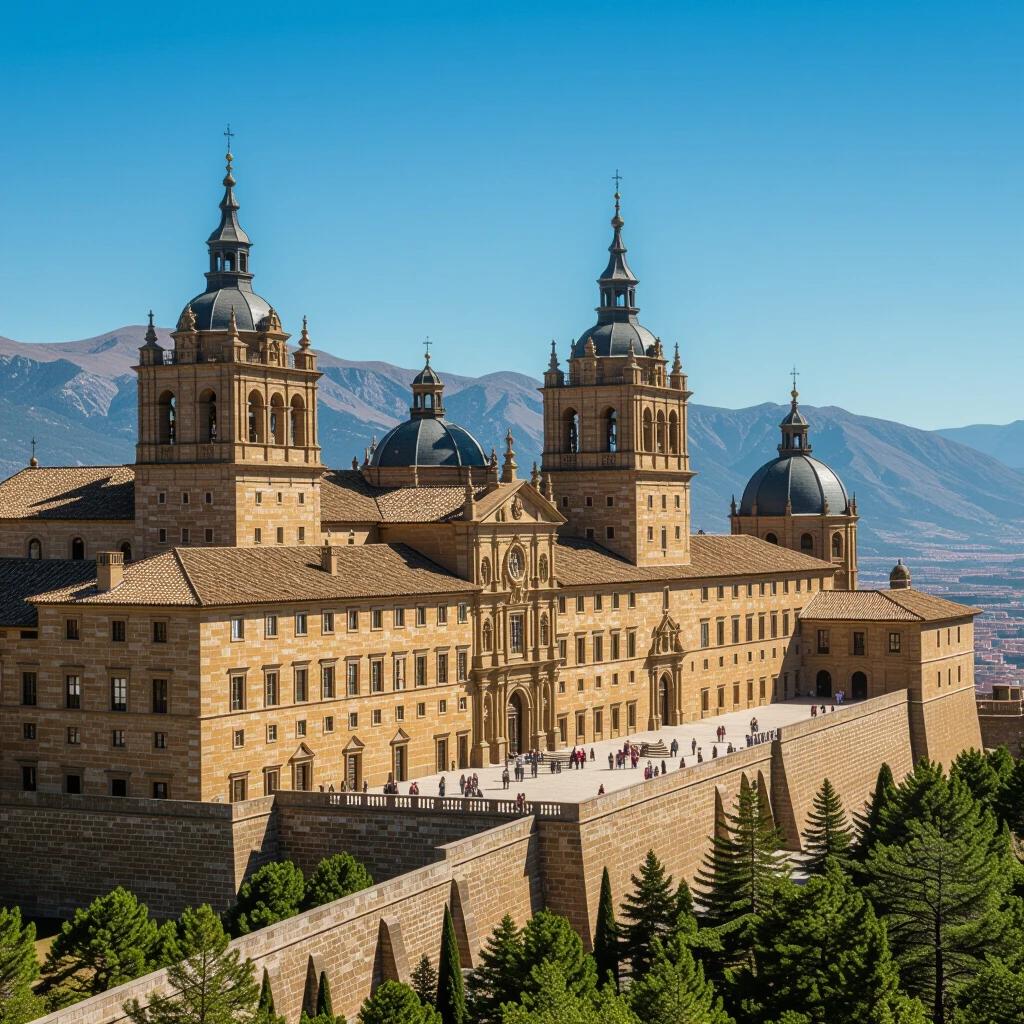 Monastery of El Escorial with towers and mountains nearby. Clear blue sky. Historical structure with intricate architecture and greenery in the foreground.