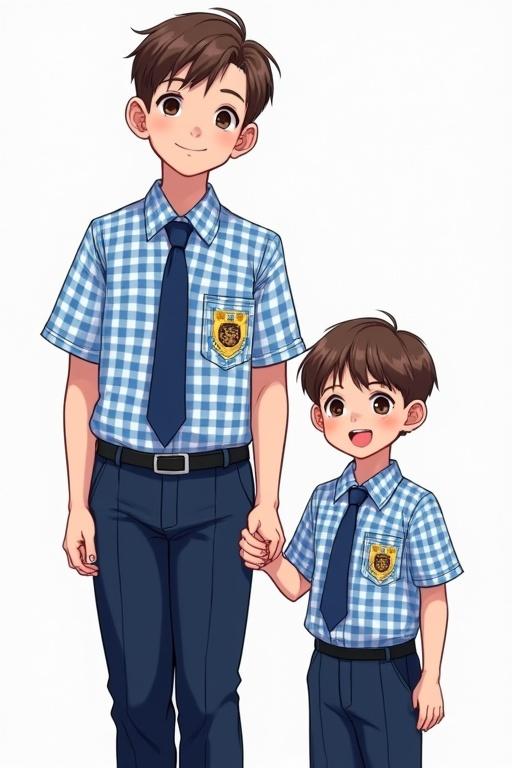 Young boy and partner stand confidently. Both wear blue and white checked school uniforms. One boy is holding hands with the other. The shirts have short sleeves and pockets with school emblems. They smile happily at the viewer. Background is plain.