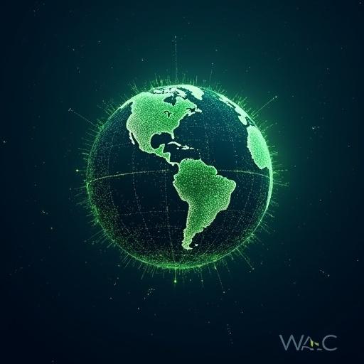 A dark blue starry background showcases a glowing globe of Earth. The globe emits green, glowing connection lines symbolizing a decentralized network. White bold text WAC is positioned in the top-right corner. Subtle green particles enhance the theme of growth and renewal.