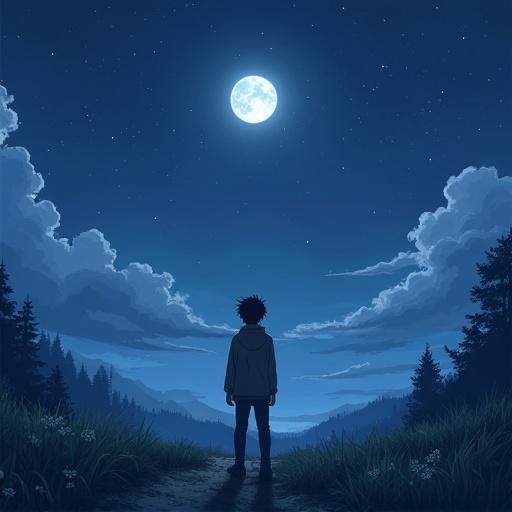 Anime adult boy standing alone in a landscape at night. Looking up at a bright moon. Feelings of nostalgia and lost memories. Surrounded by trees and hills in the background.