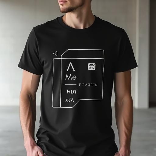 A matte black premium cotton t-shirt worn by a model in a minimal studio. The shirt has a white geometric print with clean lines. A large aperture icon and Russian text arranged modularly. A simple white camera icon completes the design. The scene focuses on structure and symmetry.