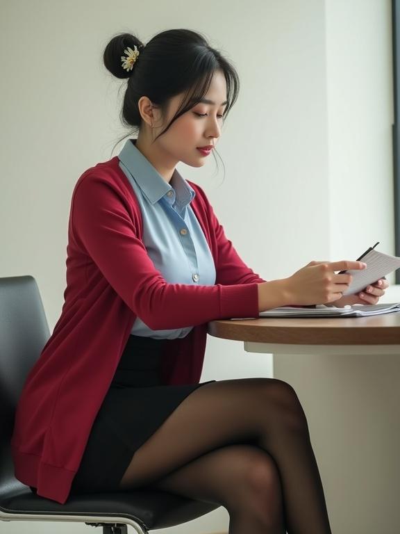 Image shows a side view of a female agent at her desk. She has a jade-white figure and wears a cherry-red cardigan over a light-blue blouse and black skirt. Her hair is styled in a bun with a white flower clip. The setting includes off-white walls and a modern ambiance.