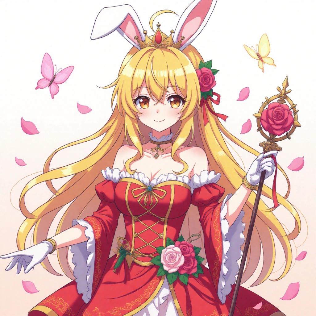 A young girl with long blonde hair and bunny ears smiles at the viewer. She is wearing a red dress adorned with flowers. A crown rests on her head. She holds a staff decorated with roses. Butterflies and rose petals surround her in a pastel background.