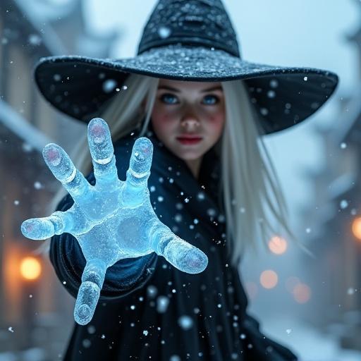 A witch girl with long white hair and black makeup. She wears a pointed black hat. She reaches forward with her right hand. Ice shards fly from her fingertips. The cityscape below has warm lights.