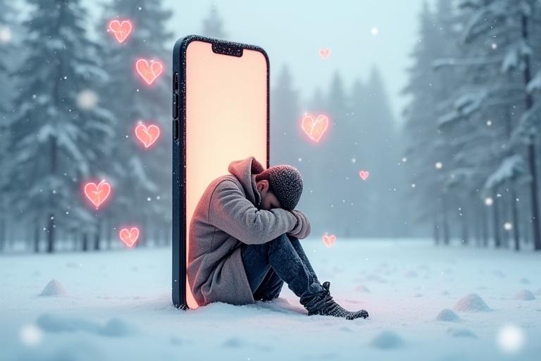 A 3D fantasy-realism scene. A giant smartphone in a snowy landscape. Sad young man inside the phone screen. Head bowed. Surrounding broken heart icons with frost. Snowy trees and gray-white sky outside. Soft emotional lighting.