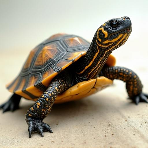 A creature combining features of a turtle and a scorpion. The body resembles a turtle with a shell and limbs. The head has the characteristics of a scorpion, especially its eyes and stinger. The color pattern includes yellow and black.