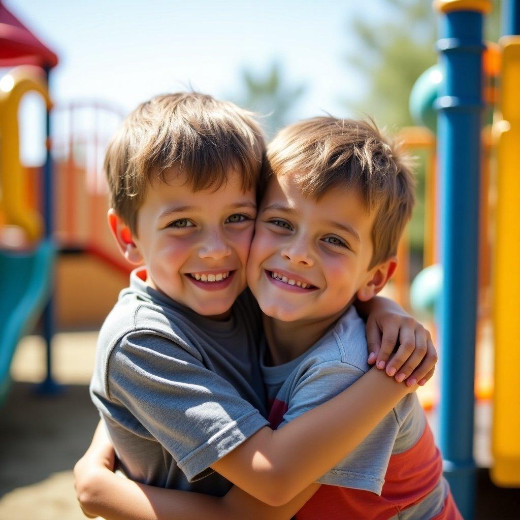 Two boys hug and smile happily on a playground. Bright colors and natural sunlight enhance the scene. Close-up perspective captures their joy.