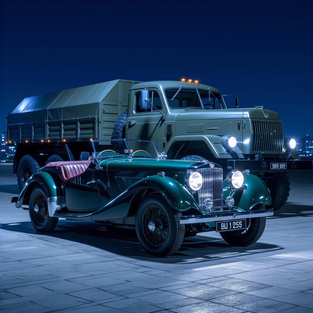 Photorealistic image set at night with a classic 1938 Jaguar SS100 in British Racing Green in the foreground and a large Soviet military truck behind it. The scene captures details like frozen raindrops on the Jaguar and the stark contrast between the elegant curves of the car and the truck's brute strength.
