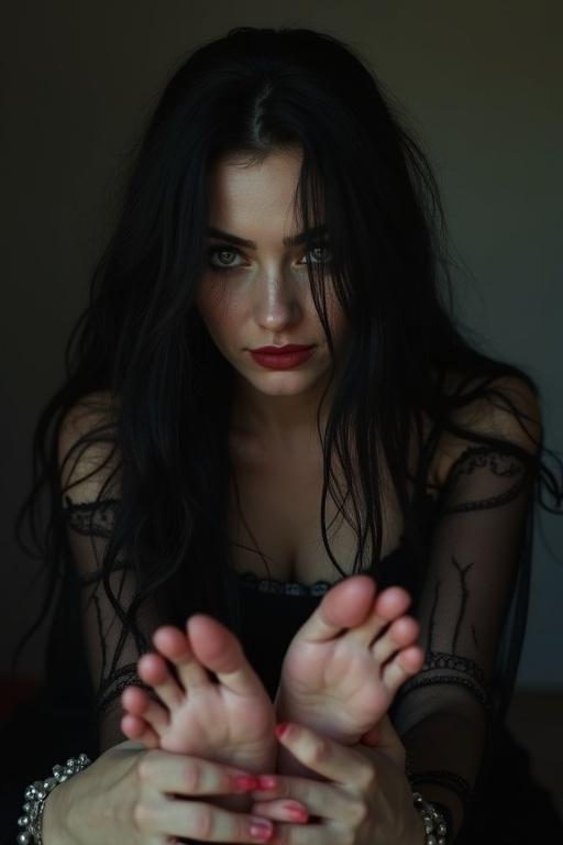 Image features a mature goth woman with black long hair. She is having her feet tickled. Soft natural light illuminates the scene. Focus on her feet and hands. The background is slightly blurred to enhance the subject.