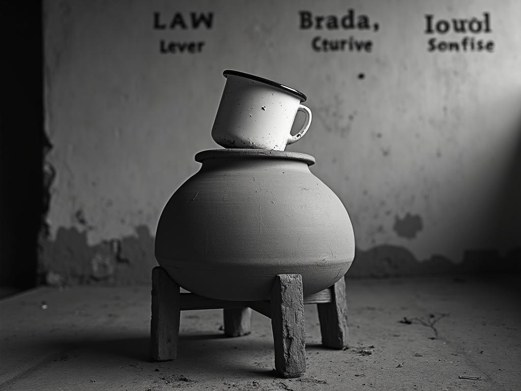A black-and-white photograph of a clay vessel on a wooden tripod. An enamel mug sits upside down on top of the vessel. The background features faded, illegible inscriptions. The lighting is soft and diffused. The image evokes themes of absence and cultural continuity.