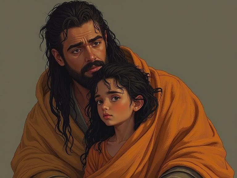 Illustration features a man with long dark hair and beard and a young girl with curly hair. Both are wrapped in orange shawls. They display a deep emotional bond.