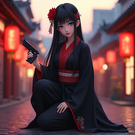 Digital artwork of a young woman with glossy black hair. A vivid red flower and silver hairpins adorn her hair. She wears a black kimono with red trim and floral embroidery. Kneeling on a cobblestone street in an East Asian city at dusk. Red lanterns glow warmly. Modern skyscrapers appear in the background. Woman holds a detailed handgun confidently. Piercing blue eyes reflect soft light. Scene has dramatic soft lighting with a grainy texture. Ultra-detailed anime-style image created by a professional artist.