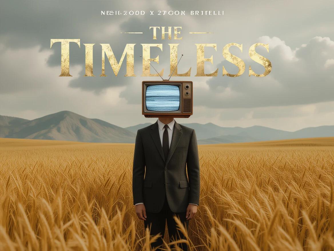 High-resolution YouTube channel banner in 2560x1440 pixels. Vintage retro-futuristic style. Surreal landscape with a man in a classic suit. His head replaced by an old television. Dramatic cloudy sky and faded mountains. Channel name 'The Timeless' in large serif font. Faded sepia tone with film grain texture. Cinematic and poetic feeling.