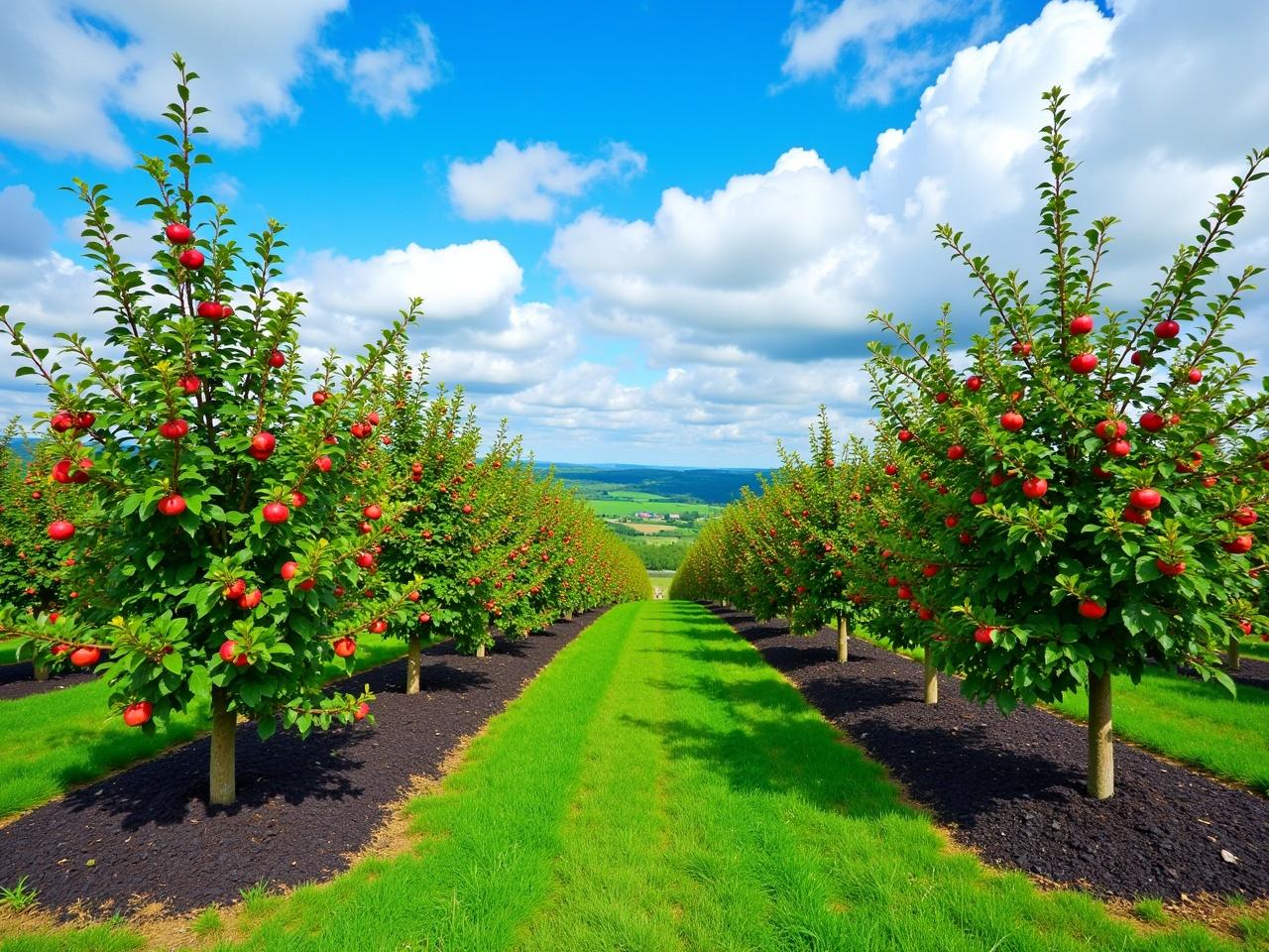 The image depicts a beautiful orchard with apple trees bearing ripe red apples. The trees are well-maintained and situated on a gently sloping hill. In the background, there is a vast green landscape stretching towards the horizon, with patches of trees and fields. The sky is a vibrant blue, dotted with fluffy white clouds, creating a picturesque countryside scene. The ground is covered in dark mulch, which complements the lush green grass around the trees.