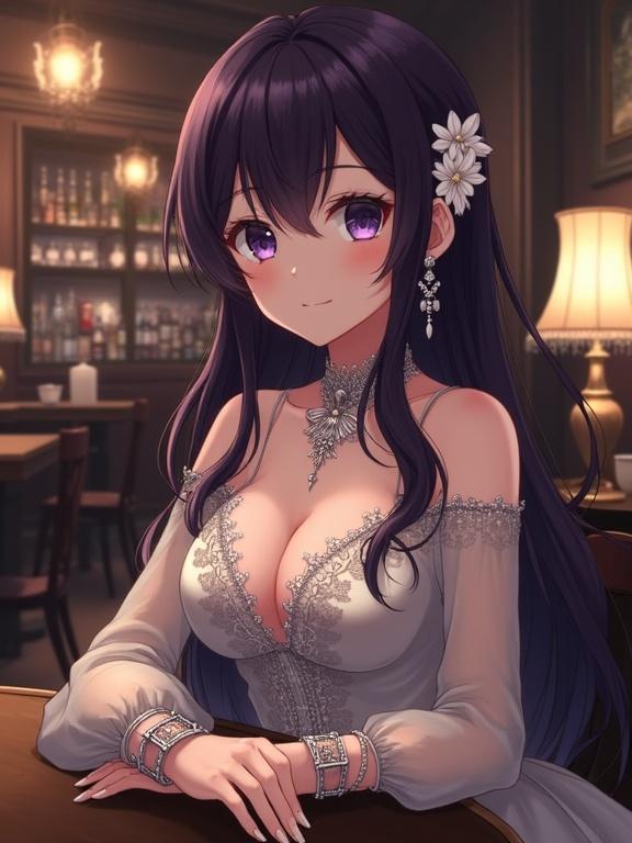 Anime woman has long dark violet hair with subtle highlights. She wears an off-white elegant dress with lace details and a deep V-neckline. Jewelry includes ornate earrings, necklace, and bracelets. She has delicate features and a slight pensive expression, looking to her right. Background is a dimly lit, elegant interior suggesting a bar, with warm lighting and blurred shelves of bottles.