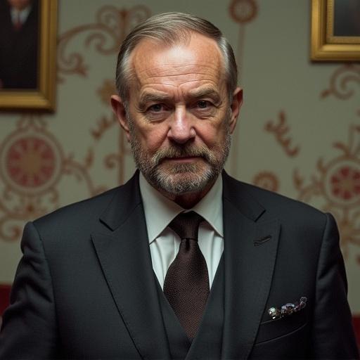 Image of a man in sophisticated formal attire with a serious expression. Background features ornate decorations and classic furnishings.