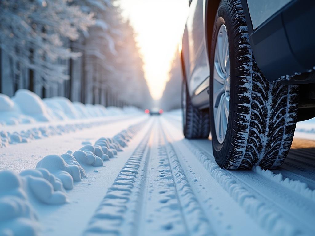 Car tires are on a winter road that is covered with fresh snow. In the background, there is a beautiful snowy landscape with trees adorned with frost. The sunlight glimmers through the branches, adding a warm glow to the chilly scene. The vehicle is parked, showcasing its winter-ready tires which are designed for snowy conditions. The white snow beneath the tires has distinct patterns made by the tread, indicating movement or stability on the winter road.