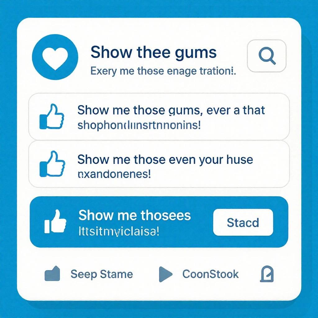 Display a digital comment section featuring multiple comments all saying show me those gums. Include quirky variations in the comments. Use a bright blue background that represents social media.