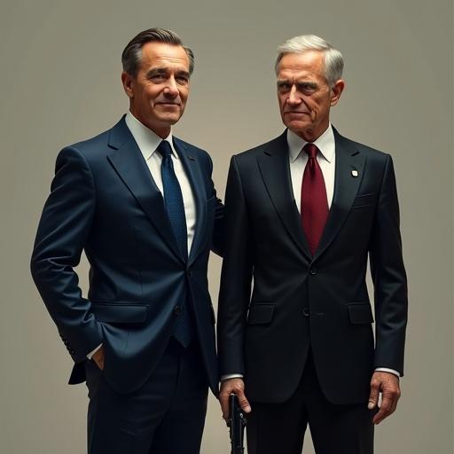 Vertical storyboard image with two panels. Polished political figures in suits with identical lighting and background. Left figure is taller in dark blue suit, calm smile. Right figure is shorter in black suit, stern expression. Top: Left figure controls right figure like a puppet with a pistol. Bottom: Reverse puppet dynamic with roles switched, calm left figure now a puppet. Both panels have smoking pistol aimed at viewer.