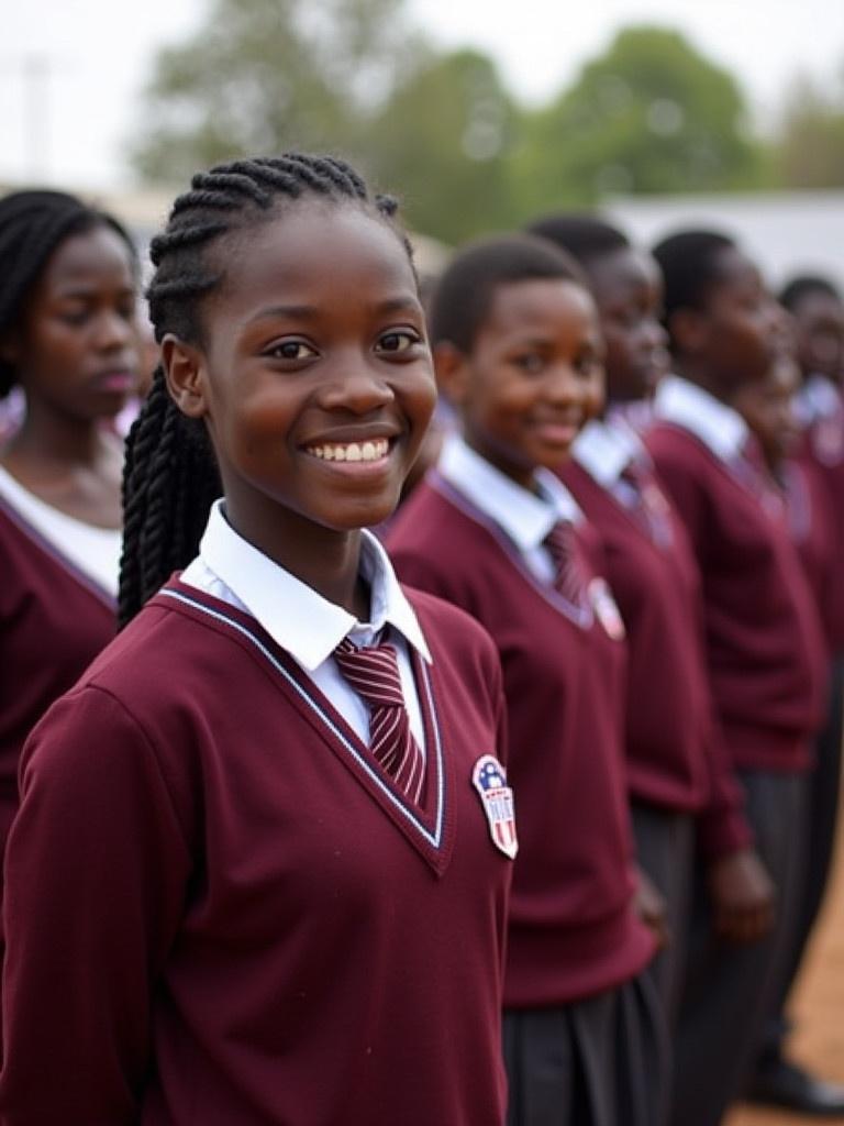 African students stand in uniform lined up during an event. They wear burgundy jackets and striped ties. The setting is an outdoor gathering. Focus on the students while showcasing their uniforms and school badges.