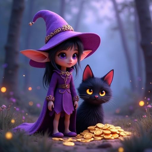 A Woodland Purple Elf with big sparkling eyes wears a whimsical pointed hat and flowing cloak. She stands next to a fluffy black cat with glowing eyes. They are surrounded by piles of gold coins, grass, and magical sparkles. The enchanted forest is at twilight, with fireflies and mist.