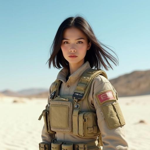 Detailed image of a petite female soldier. She has long dark hair and wears a light beige military uniform. The background shows an obstacle course in a white desert under a bright blue sky. Shadows highlight the texture of her outfit and the environment.