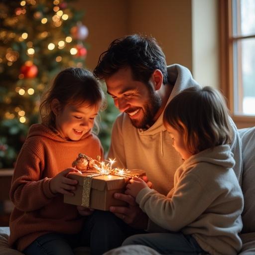 Father giving gifts to young children. Warm indoor setting during Christmas. Children are excited and happy. Enjoying family time together.
