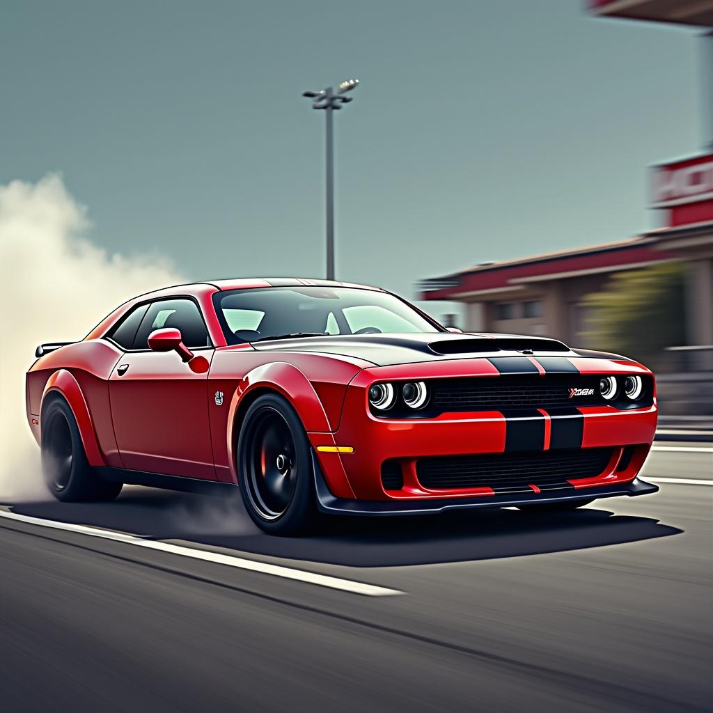 This image features a striking red muscle car, designed for power. The car, a Dodge Challenger, is portrayed in motion, leaving a trail of smoke as it accelerates. Its aggressive styling and bold presence capture the essence of high-performance vehicles. The setting appears to be a roadway, emphasizing speed and adventure. This visually dynamic shot highlights the excitement and culture surrounding powerful cars.