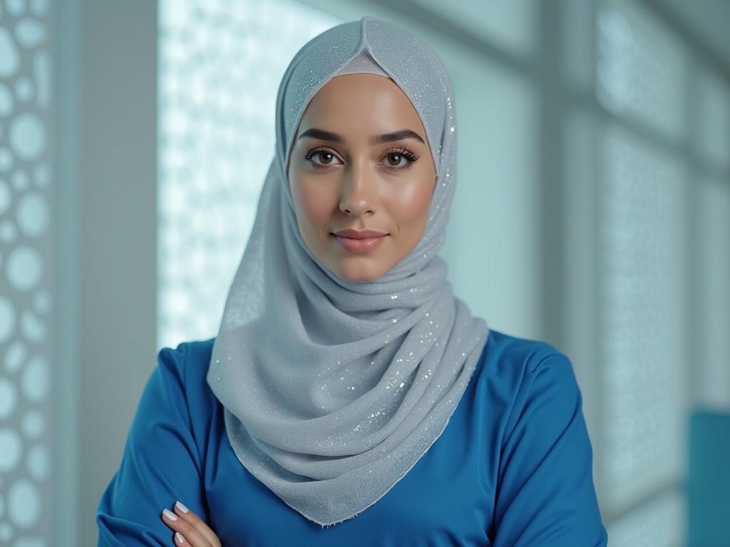 The image features a woman wearing a stylish hijab, which appears to be made of a shiny, light-colored fabric that sparkles subtly. She is dressed in a professional blue outfit, suggesting that she may be in a medical or formal work environment. The backdrop has a modern design with a series of small circles or holes, creating an interesting visual effect. The woman seems posed, looking directly at the camera with a calm and confident demeanor. The overall composition of the image reflects a blend of professionalism and elegance.