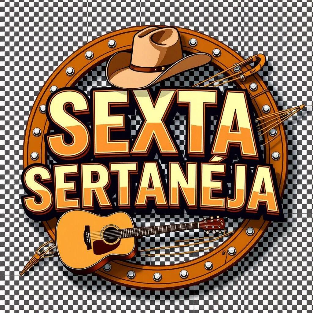 Logo with a 3D look. Name 'Sexta Sertaneja' highlighted in bold with soft shadows. Realistic texture and decorative screws in the circular outline. Include country elements like guitar, strings, cowboy hat. Dark background for contrast. Style reminiscent of farm seals or crests. Transparent PNG.