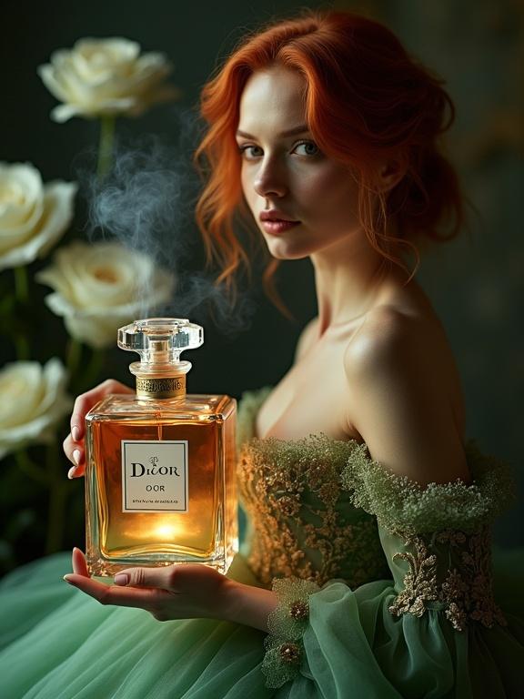 A model poses with a large, ornate perfume bottle. The setting is dark and atmospheric. The model has fire red hair and wears an elaborate green dress with lace sleeves and gold embroidery. Smoke emanates from the perfume bottle. White roses are blurred in the background.