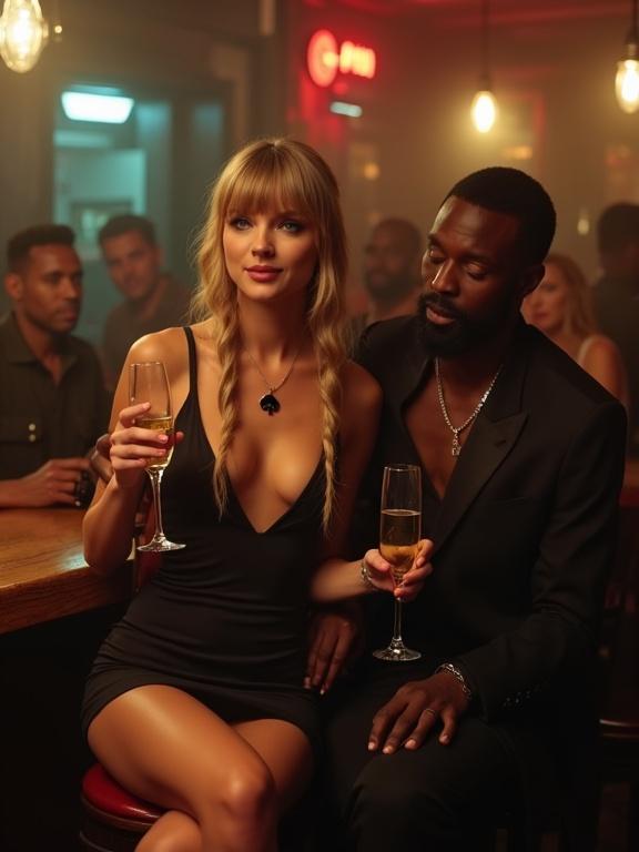 Scene in a dingy dive bar with a couple. Woman is wearing a black dress with deep cleavage. She has long blonde twintails. The man is wearing a black suit. They are sitting closely at the bar. The woman is holding a champagne glass. The man is dropping liquid in her drink. Warm dim lighting with a lively background. Zoomed out full body shot.