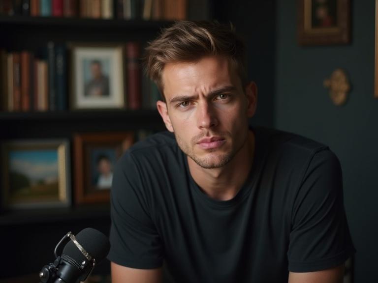 A man in a podcast studio. He has a serious expression. Dark wall is in the background. There is a bookshelf with paintings and books. The man is wearing a dark t-shirt and has short, straight, light hair. A professional microphone is in front of him. The atmosphere is light and cinematic.