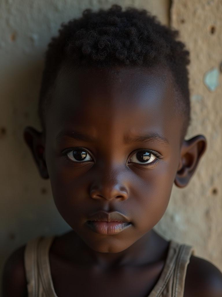 A black child expresses the realities of poverty. The child has a damaged ear. The setting appears humble and challenging.