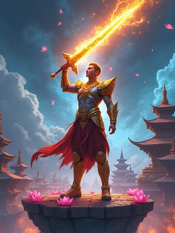 Heroic Nepali man stands on a floating battlefield. Cracked stone platform with neon lotus petals. Raised glowing half-khanda sword. Divine lightning arcs from the blade. Radiant mecha-armor with mountain sigils. Stormy skyline of neo-Kathmandu in background. Flaming prayer wheels and falling fragments. Title in silver: 'VALYNTH – The Celestial Blade'. Tagline: 'He carves fate with celestial steel'.