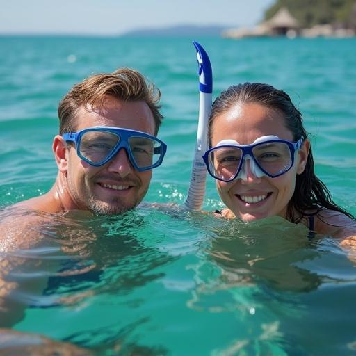 Couple snorkeling in clear turquoise water. Both are wearing snorkel masks and fins. Smiling and enjoying the underwater experience. Sunlit surface reflects on water.