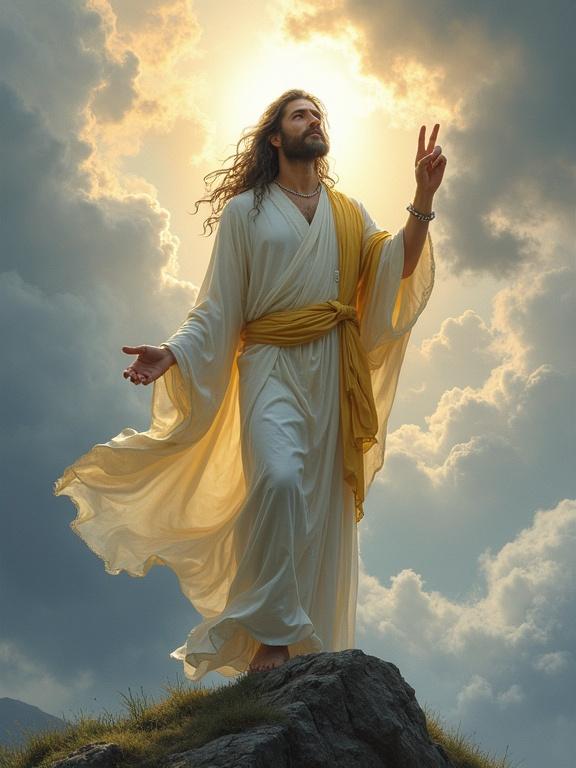 Deity in white and gold robes stands on mountain peak. Face shows compassion and sorrow. Dark clouds swirl behind them. Sunlight breaks through. One hand raised in peace gesture. Gentle expression. Soft pastel landscape. Tranquil atmosphere invites solace.