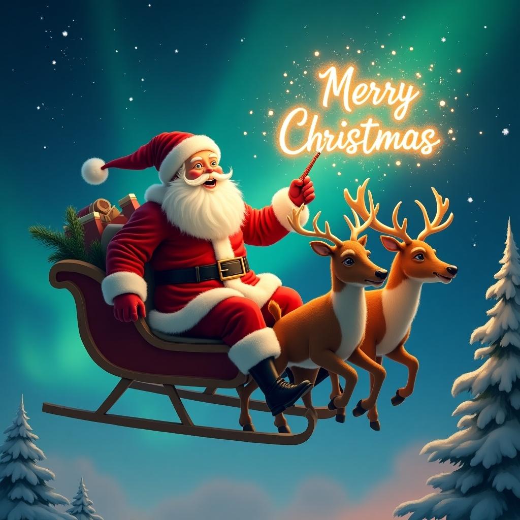 Enchanting Christmas scene. Santa flying in sleigh with reindeer. Traditional red and white suit. Wielding magic wand. Writing 'Merry Christmas' in firework script. Vibrant northern lights background. Whimsical Christmas spirit. Santa evokes wonder and excitement. Safety belt on Santa.