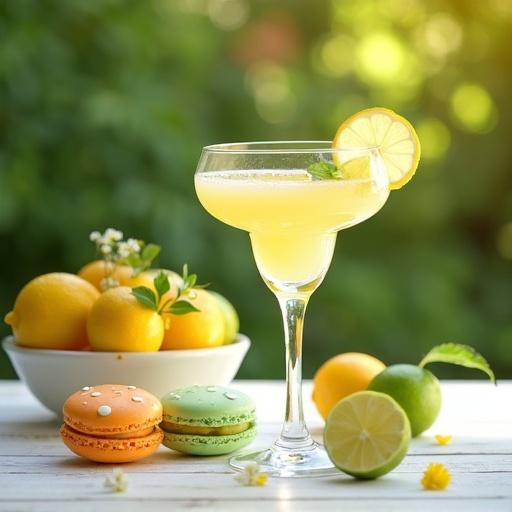 Sharp 4K image features colorful macarons alongside a clear margarita glass filled with cocktail. Slices of lemon and lime add freshness. Includes bowl of lemons and limes with leaves. Bright airy patio setting with sunlight filtering through greenery, suggesting a relaxing Mother's Day. The rustic white wooden table enhances the presentation.