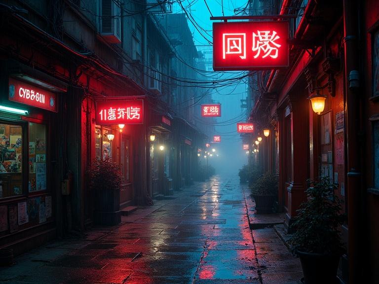 A cyberpunk alley characterized by glowing signs in neon colors. Rain-soaked streets reflect the vibrant lights. Mysterious atmosphere with fog enhancing the scene.