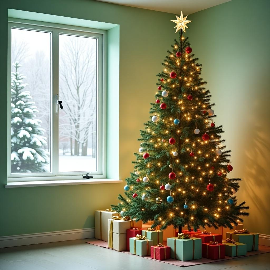 Decorated Christmas tree in cozy light green room. Ornaments twinkling lights shining star on top. Wrapped gifts beside tree. Window shows snowy landscape. Soft lighting creates warm inviting atmosphere for holidays.