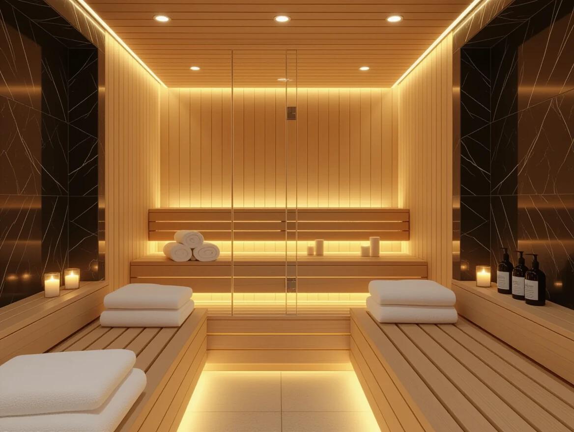 Luxurious indoor steam sauna room in a modern spa. Wooden sauna area is the focus. Warm recessed lighting glows from wooden panels. Clean glass doors have subtle reflections. Neatly stacked white towels on benches. Bottles and candles arrange on soft-lit shelves. Dark marble side walls add contrast. Minimal steam rises in warm air. Elegant lighting from the ceiling. Tiled floor with stone texture. Calm relaxing atmosphere. Photorealistic cinematic lighting. No people. Ultra-detailed interior focus.