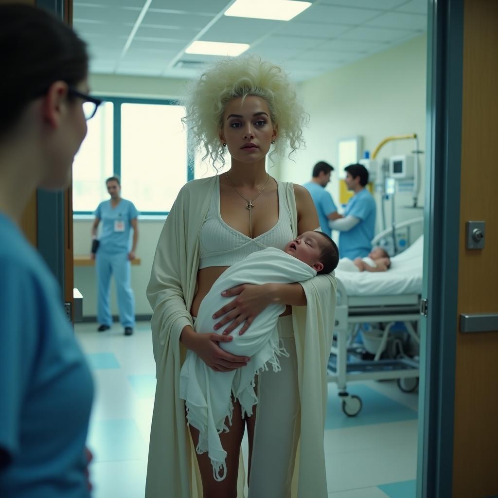 Scene in a hospital featuring a woman holding a newborn baby in a hospital corridor. Other medical professionals are present in the background. Emotions and drama are implied.