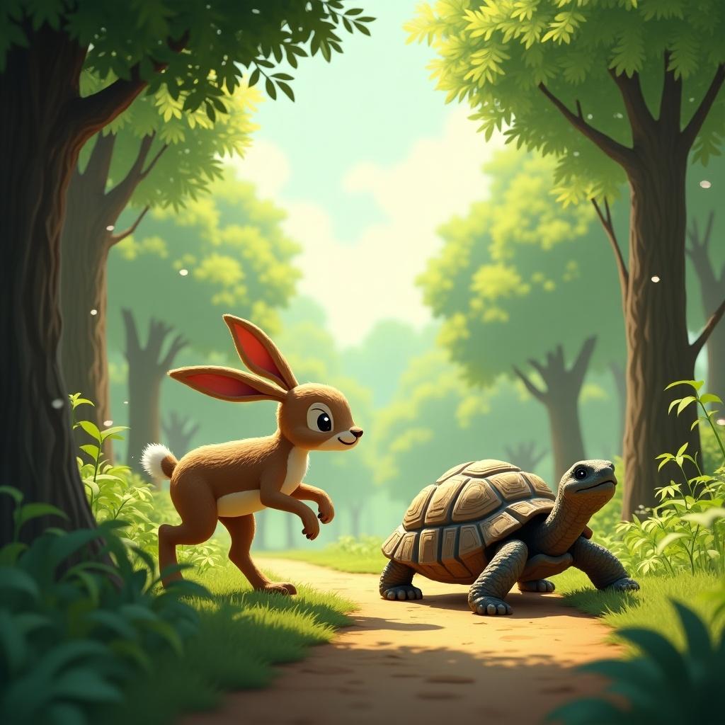 Hare and tortoise engaged in a race on a forest path. Hare looks energetic while tortoise moves slowly. Bright and cheerful atmosphere.